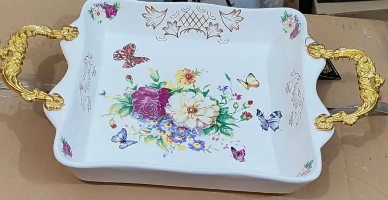دیس گلدار دسته طلایی